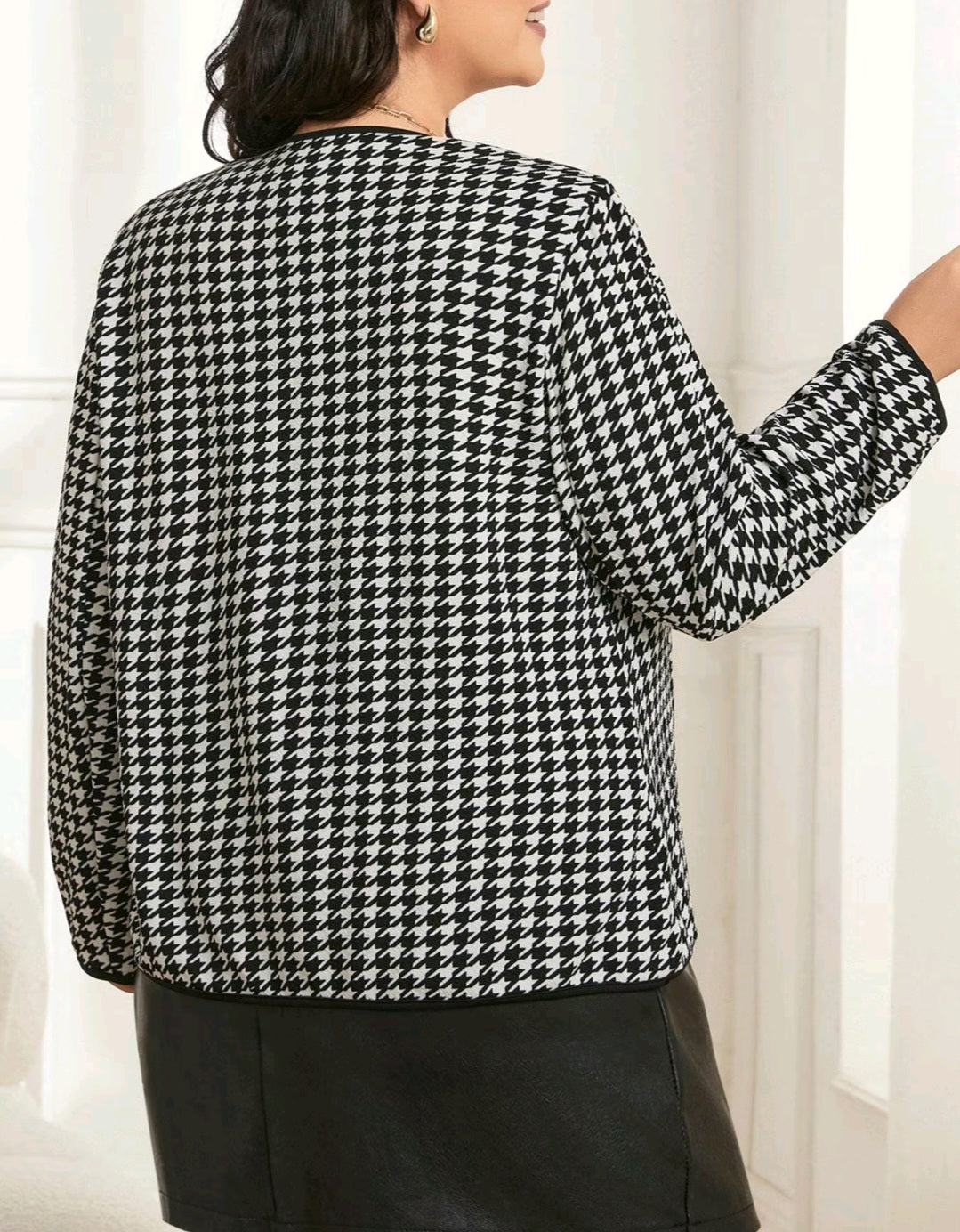 PLUS SIZE HOUNDSTOOTH PRINT LONG SLEEVE OPEN FRONT COAT