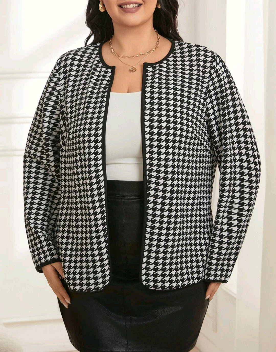 PLUS SIZE HOUNDSTOOTH PRINT LONG SLEEVE OPEN FRONT COAT